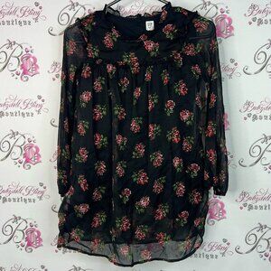 GAP dress roses flowers ruffle bubble sleeve Black Floral Sheer Blouse